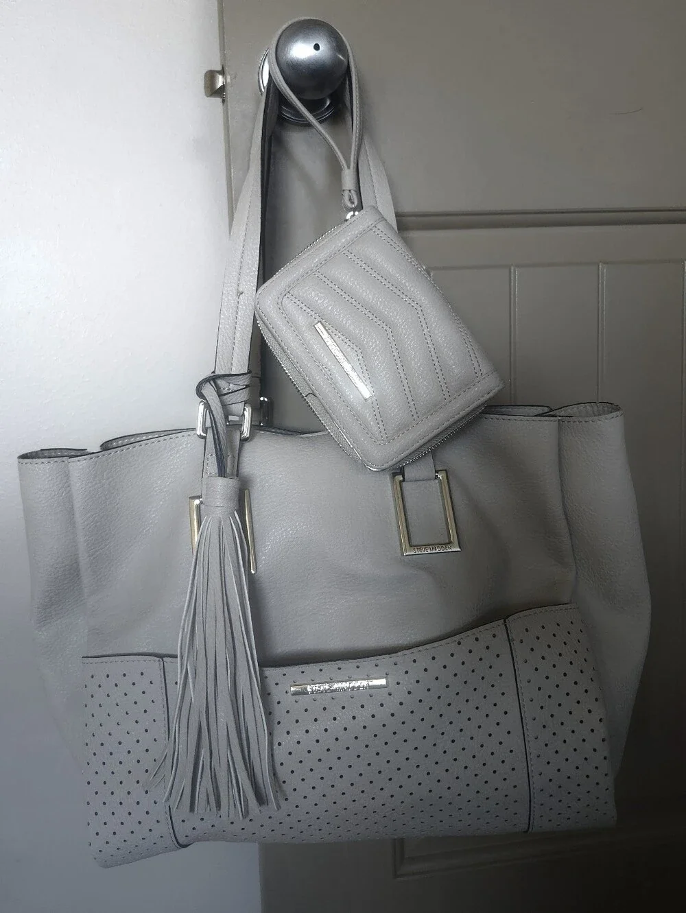 Steve Madden Light Beige Perforated Tote with Tassel and Detachable Pouch